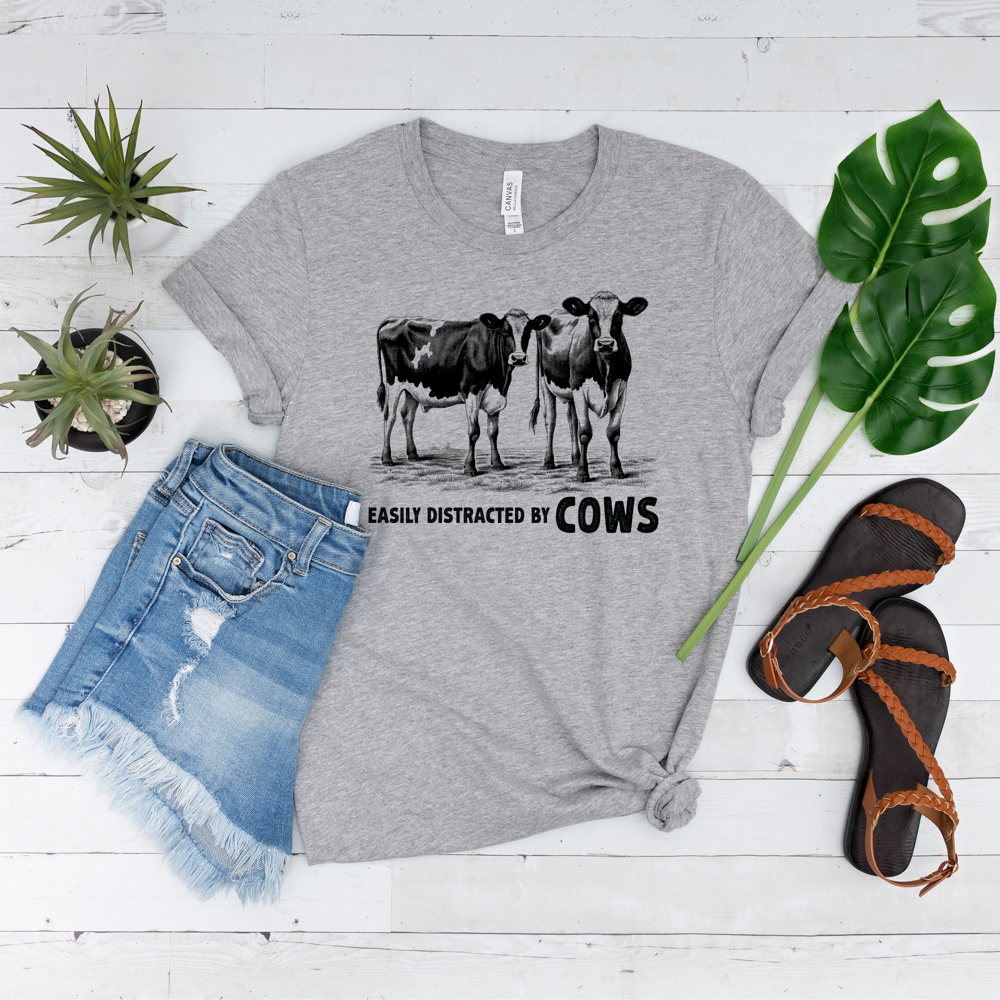 Wholesale Easily Distracted by Cows Graphic Tee - Heather Dust Tee