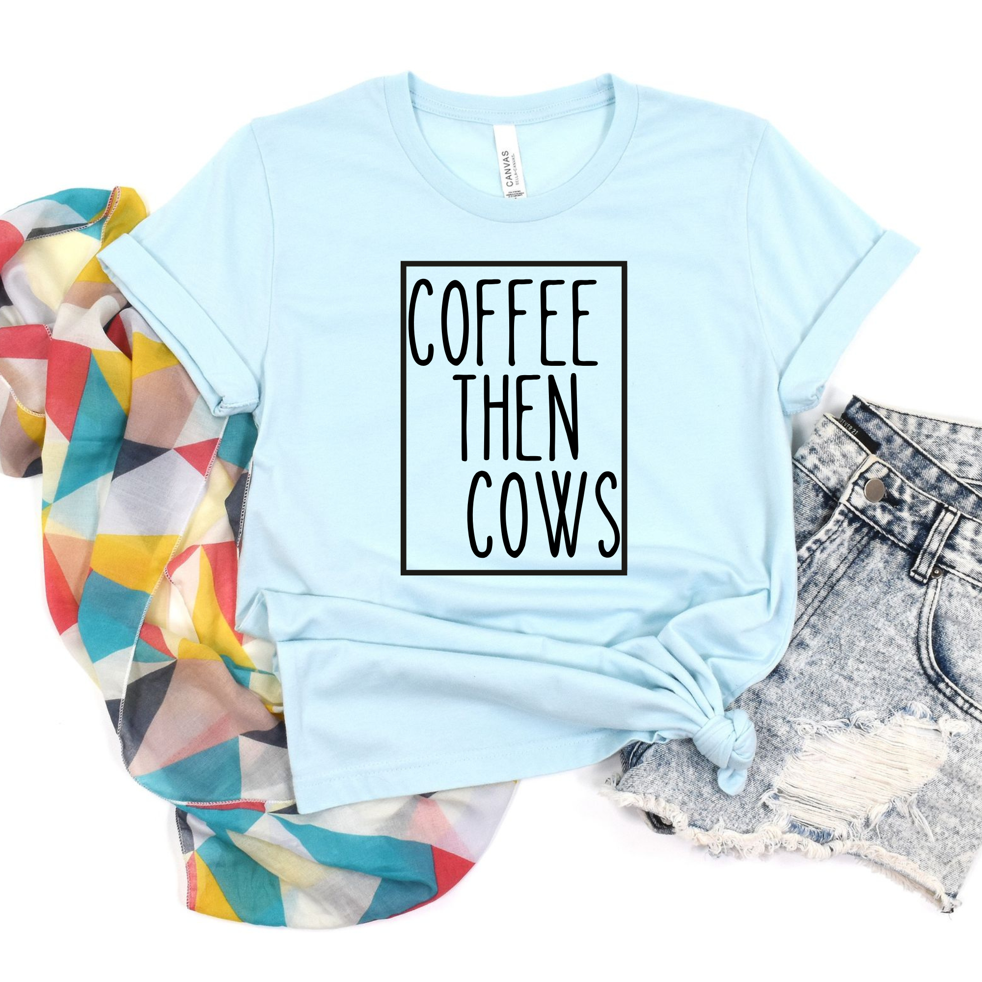 Wholesale Coffee then cows Graphic Tee - Heather Ice Blue Tee