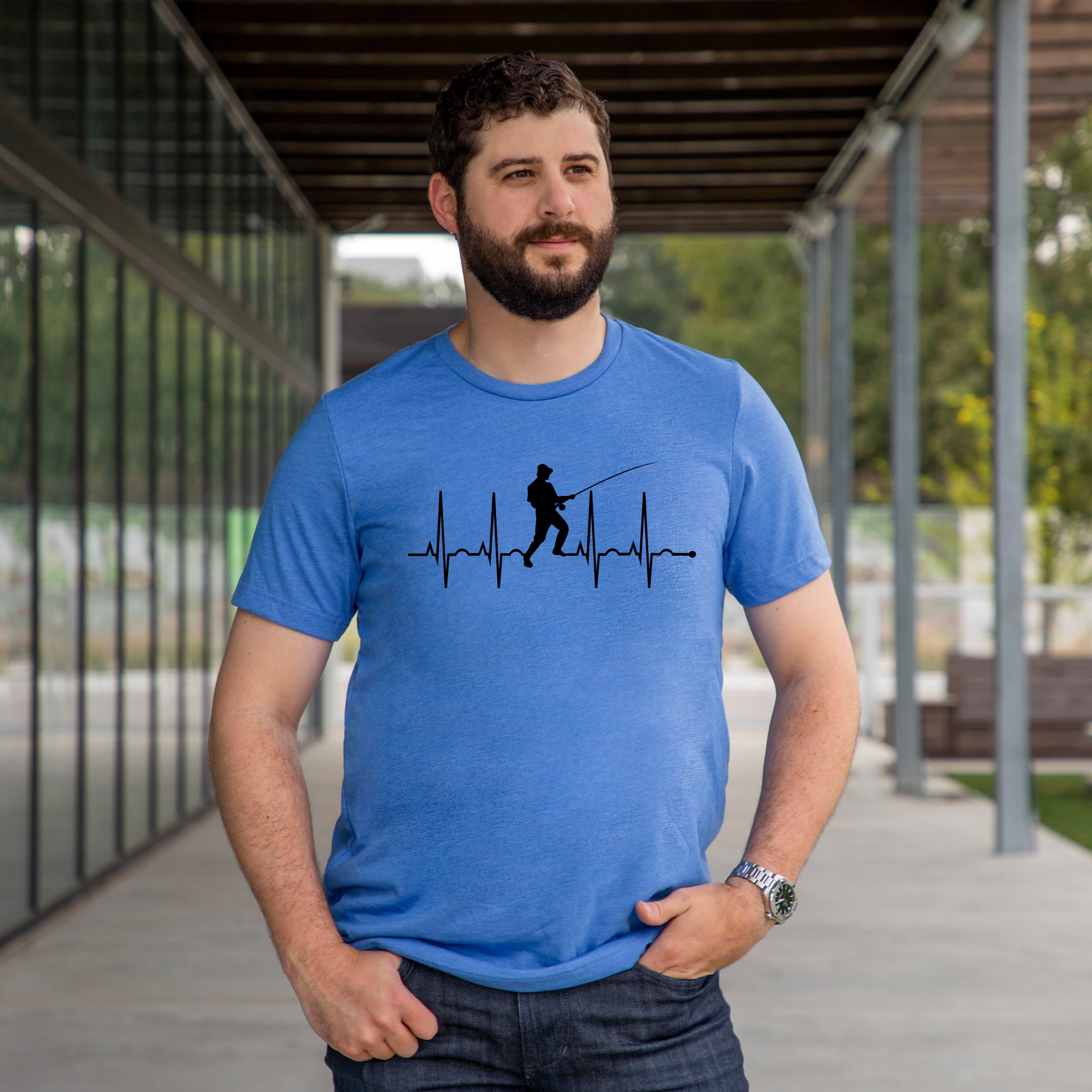 Wholesale Fishing Heartbeat Graphic Tee - Grey